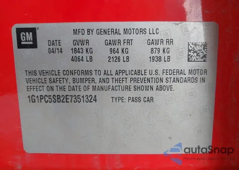 2014 Chevrolet Cruze 1Lt Auto из США, поврежденный, VIN 1G1PC5SB2E7351324